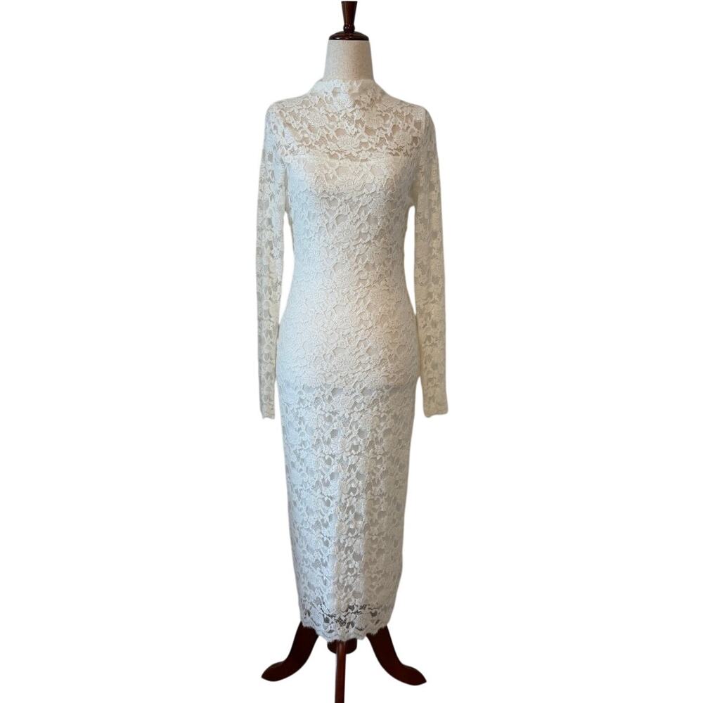 Steve Madden Ivory Floral Lace Long Sleeve Midi Dress, Women’s Small